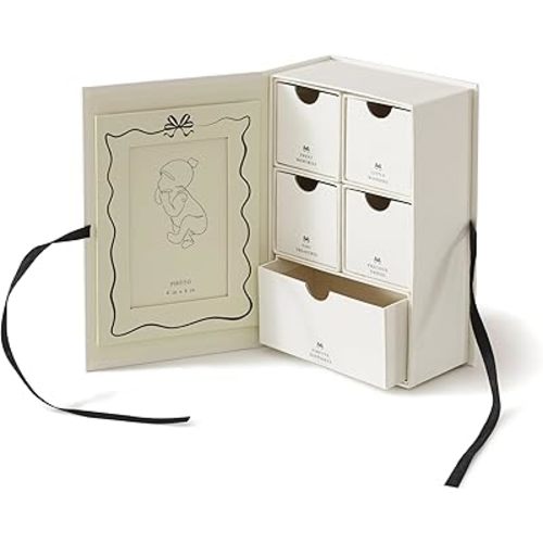 Soul & Lane Baby Keepsake Box with 5 Compartments, Baby Memory Box with Photo Frame, Newborn Storage Organizer for Girl and Boy, Memory Keeper for New Parents