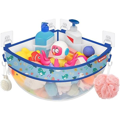 UNEEDE 4.32 Gallons Dinosaur Print Corner Bath Toy Storage | Blue Mesh Shower Caddy with Quick Drain & Bottom Zipper