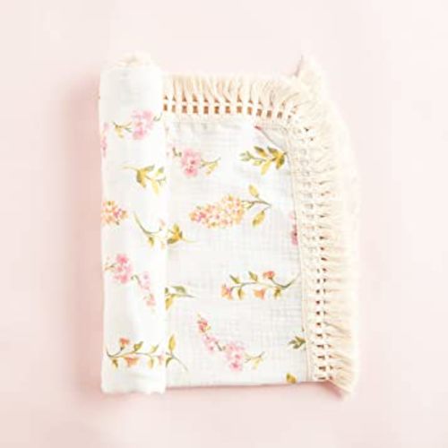 Chippi & Co Boho Baby Girl Cotton Muslin Mini Floral Swaddle Quilt Blanket with Fringe for Cute Bohemian Nursery Decor, 47x47''
