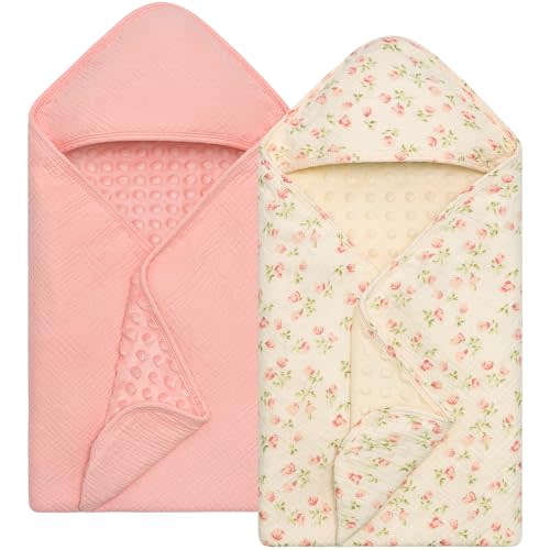 Yukkidds Baby Bath Towels for Newborn 100% Muslin Cotton and Minky Dot Fabric Neutral Hooded Baby Towels Set 2 Pack for Boys Girls Ultra Soft and Absorbent 30 x 30 Inch Pink & Tulip