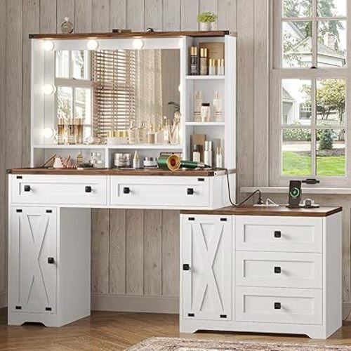 Hasuit Farmhouse Makeup Vanity Desk with Hollywood Makeup Mirror, 56.5" Large Vanity Desk with Charging Station, Dressing Table with Shelves & 5 Drawers & 2 Cabinets for Bedroom, Lights Adjustable