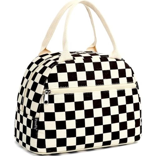 FlowFly Lunch Bag for Women Insulated Lunch Box Corduroy Lunch Tote Cooler for Travel Work Picnic,Corduroy Plaid Black
