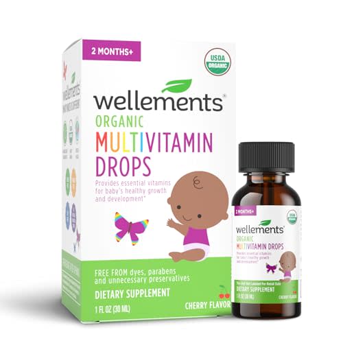 Wellements Organic Baby Multivitamin Drops | Liquid Multivitamin for Infants & Toddlers 2 Months+ | Certified Organic, No Artificial Colors or Flavors | Cherry Flavor, 1 Fl Oz. 30 Servings