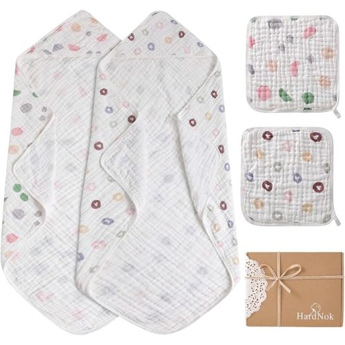 Muslin Hooded Baby towel 4 Pack, Preuim Muslin 6 Layers Natural Cotton Baby Bath Towels, Soft and Comfortable for Boys,Girls (Pink Striped and White) (32 x 32, Loving Heart Set)