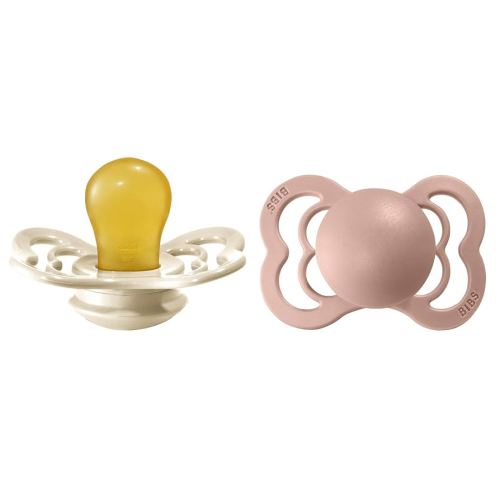 BIBS Supreme Baby Pacifier 2-Pack | Made in Denmark | BPA Free Dummy Soother, Symmetrical Nipple. Natural Rubber Latex, Size 1 (0-6 Months), Ivory / Blush