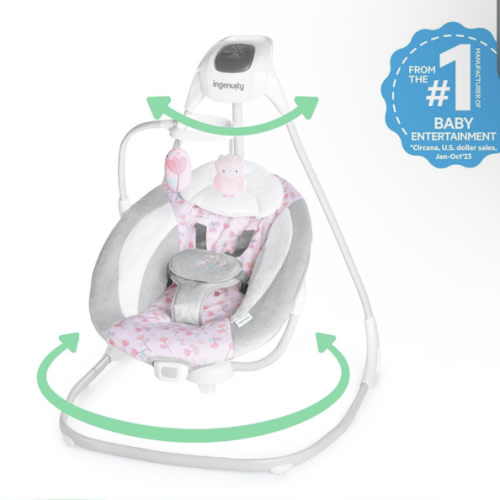Ingenuity SimpleComfort Lightweight Compact 6-Speed Multi-Direction Baby Swing, Vibrations & Nature Sounds, 0-9 Months 6-20 lbs (Pink Cassidy)