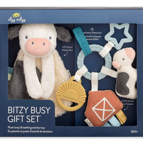Itzy Ritzy Farm Toy Gift Set - Includes Cow Lovey & Farm-Themed Busy Ring Car Seat and Stroller Toy - Features Crinkle Sounds, Engaging Textures & Silicone Teething Relief (Farm)