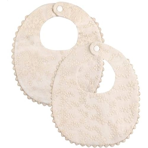 GZMM Baby Bib For Girls,Reversible Waterproof Handmade Natural Cotton Baby Drool Bib 0-12 months 2 Pack (off-white color, 0-12 months)