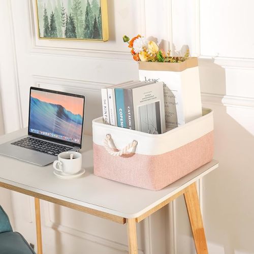 Storage Bins with Sturdy Cotton Handles(3 Pack), Fabric Storage Baskets for Organizing use for Office & Home, Book, Clothes, Toys, Closet Boxes (Small, Pink-White, 12.2x8.3x6.3 inches) - Small-3Pack