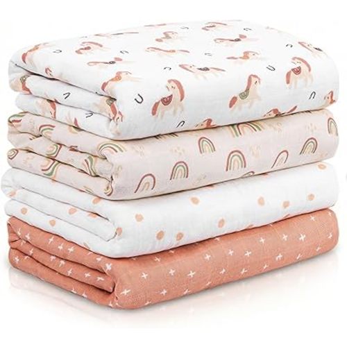 Muslin Swaddle Blankets for Newborn, 4 Pack Cotton Baby Blankets, Large 31.5 x 43.3 inch Breathable Soft Receiving Blanket, Essentials Swaddle Wrap Burping Clothes, Orange Rainbow Horse