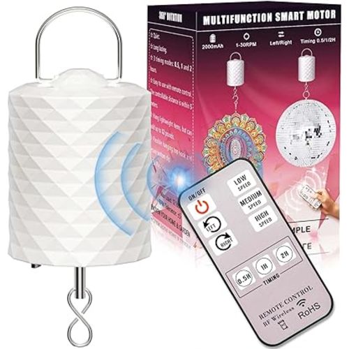 Disco Ball Motor with Remote & Timing,3 Rotating Speed Battery Operated Spinner,2 Way Direction Electric Slow Wind Spinner for Chime Mirror Baby Crib Mobile Hanging Ornament Powered