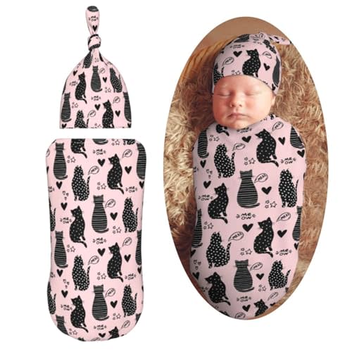 Muishi Black Heart Cat Newborn Swaddle Blankets Hat Sets Soft Baby Receiving Blanket Swaddle Sack for Baby Shower Infant Boy Girl Gift