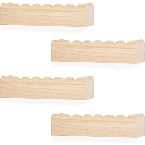 PHOENANCEE Scalloped Book Shelves,Nursery Bookshelf for Wall,Kids Floating Shelves Wood,Baby Toys Storage Organizer Decor for Living Room Bedroom,Wavy Edge,Preassembled,4 Pack,Pine(Natural Wood)