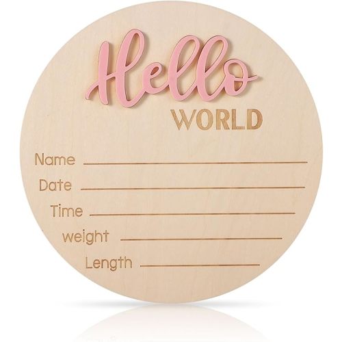 Baby Announcement Sign, 5.9in Wooden Hello World Newborn Signs Birth Announcement Sign Welcome Name Plaques for Newborn Boys and Girls Photo Props Baby Shower Hospital Nursery (Light Pink)