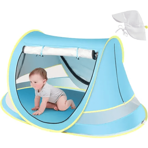 Baby Beach Tent with Baby Hat, Pop Up Toddler Travel Tent with Sun Hat for Boys or Girls, Sun Shade for Toddler Camping, Infant Portable Sun Shade, Summer Beach Baby (Blue Baby Tent with Hat)