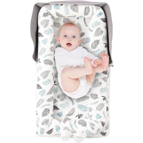 Portable Baby Lounger, Soft Baby Nest Cover Breathable Cotton Fabric, Adjustable Infant Lounger for Baby, Adjustable Size and Strong Zipper, Extended Space for Newborn 0-24 Months, Leaf