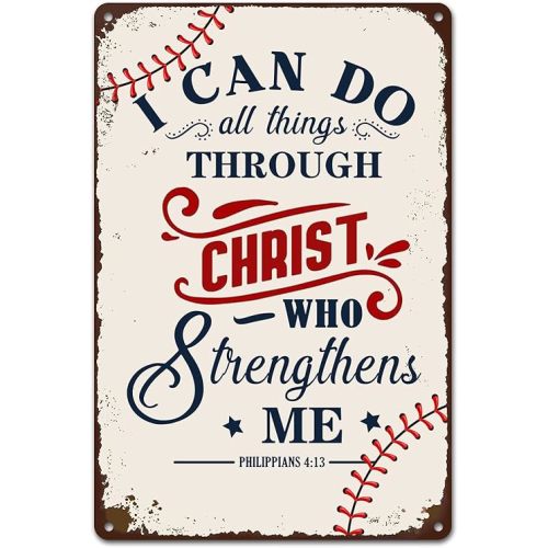 Inspirational Baseball Tin Sign - "I Can Do All Things Through Christ" Wall Art Decor for Boys' Bedroom, Sports Room, or Baseball Fans 8 x 12 Inch (293)