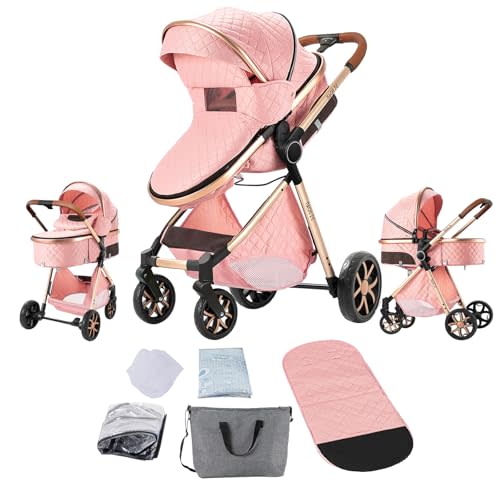 2 in 1 Baby Stroller with Bassinet, Reversible Newborn Foldable Pram, Infant High Landscape Pushchair, Portable Standard Stroller, Reclining Buggy, Baby Carriage (2USV9-PINK)