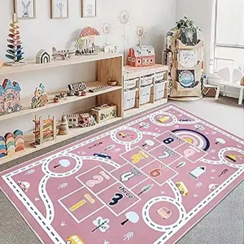 Hopscotch Car Rug 4x6Ft Kids Play Rug Mat Pink Bedroom Playroom Carpet for Girls Boys Nonslip Classroom Rug Children Numbers Educational Throw Area Rugs for Girls Room Decor