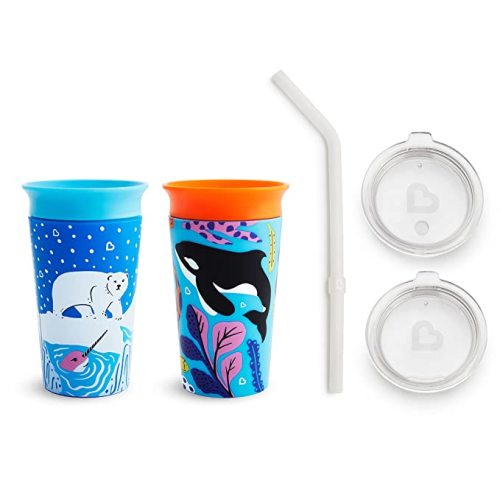 Munchkin® Miracle® 360 WildLove Sippy Cup, 9 Ounce, 2 Pack, Polar Bear/Orca and 3pc Sipper and Straw Lid - Polar Bear/Orca + Sipper and Straw Lid