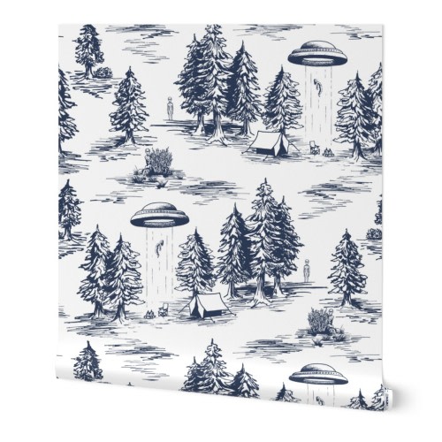 Large-Scale Blue & White Alien Abduction Wallpaper | Spoonflower