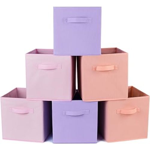 Fabric Storage Bins 6 Pack 11 inch Foldable Storage Cubes with Reinforced Handles Fun Colored Durable Cube Storage Bin for Home, Playroom, Closet Organizers and Storage Purple, Pink, Peach