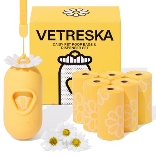 VETRESKA Dog Poop Bag Dispenser with Daisy Scented Waste Bags Leak-proof and Extra Thick Poop Bags for Dog Walking and Cat Litter 1 Holder and 105 Bags (7 Refill Rolls)