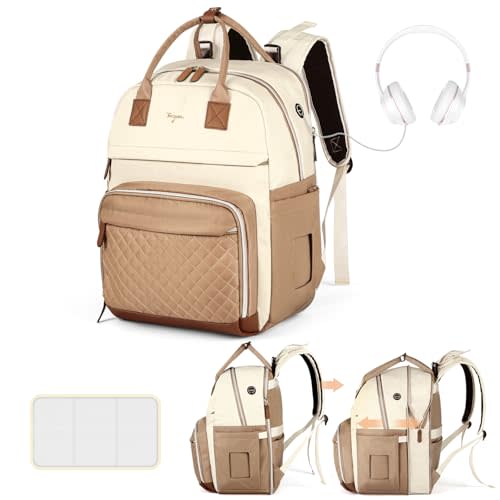 Tonyeee Extra Large Diaper Bag for 2 Kids, Diaper Bag Backpack, Twin Diaper Bag 25-37L Expandable with Changing Pad and Earphone Hole, Apricot Beige