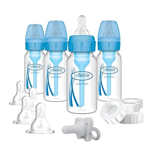 Dr. Brown's Anti-Colic Options+ Narrow Breast to Bottle Pump and Store Feeding Set with Slow Flow Nipples, Baby Bottle Travel Caps and 100% Silicone HappyPaci One-Piece Pacifier