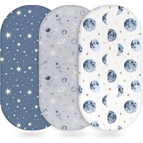 Baby Bassinet Sheets Girl Boy, Fitted Bassinet Sheet Set 3 Pack Bassinet Mattress Sheets Universal Fit for Rectangle, Round, Oval, Hourglass Mattress, Soft Breathable Grey & Blue Moon