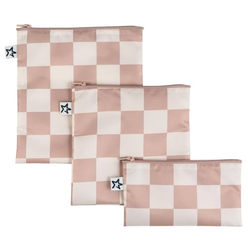 Tiny Twinkle 3 Pack Reusable Snack Bags - Machine Washable, PFAS, PVC, BPA, Phthalate-Free Reusable Baby and Toddler Food Safe Snack Bags (Beige Checkers)