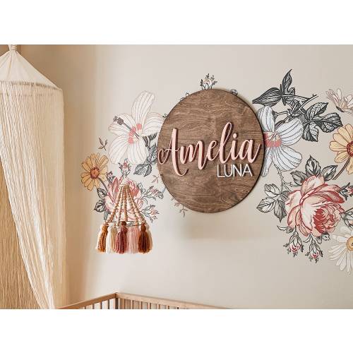 Nursery Name Sign, 12-36 Inch, Baby Shower, Personalized Round plaque, Customize Wood Baby Sign, 3D Name Sign, Vintage Floral Theme