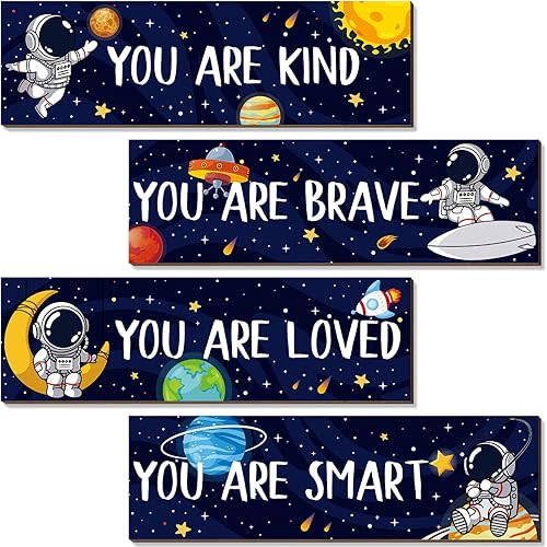 ZIEYOMI 4Pcs Space Room Decor for Kids Boys, Astronaut Bedroom Decor Motivational Wall Art, Outer Space Posters Spaceman Wooden Sign for Baby Toddler Boy Playroom Nursery Classroom Decorations
