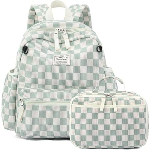 Corduroy Kids Backpack for Boys Girls Backpacks for Primary Elementary Kindergarten (Set Chessboard Green, Set Medium (15" H Fit A4 Folder))