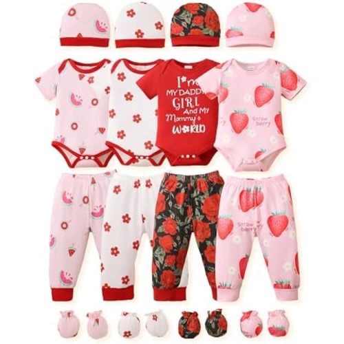 NZRVAWS Newborn Baby Boy Girl Clothes Unisex Infant Romper Pants Set Hat 4-Pack Outfits 0-12 Months 16 Pieces Toddler