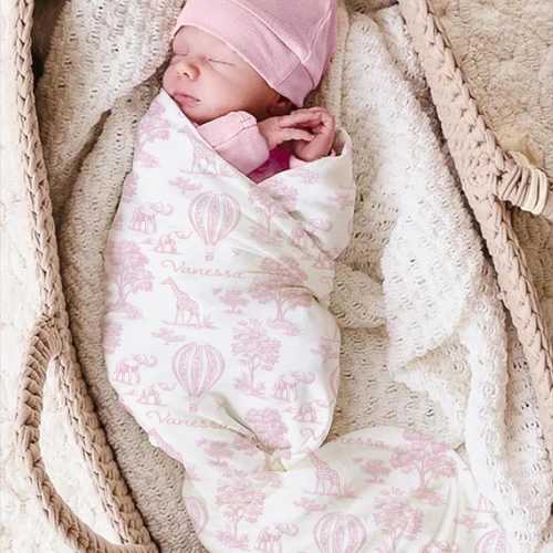 Pink Toile Baby Girl Personalized Safari Swaddle Set/Keepsake Baby Gift/Newborn Photo Prop/Hot Air Balloons/Coquette Aesthetic/Custom Design