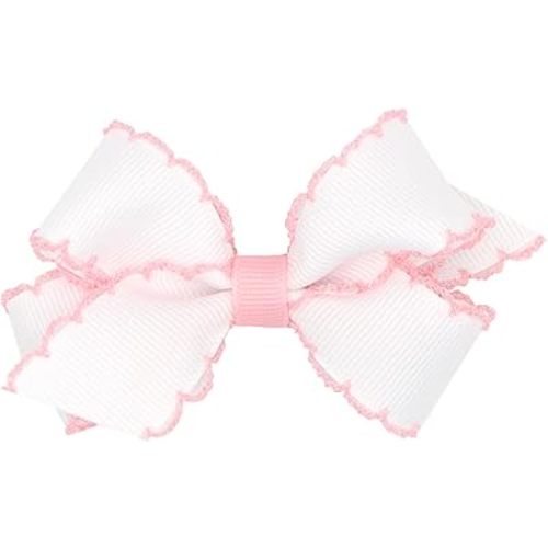 Wee Ones Girls' Classic Grosgrain Moonstitch Edge Hair Bow, No-Slip Hair Clip, Handmade, White with Light Pink, Mini