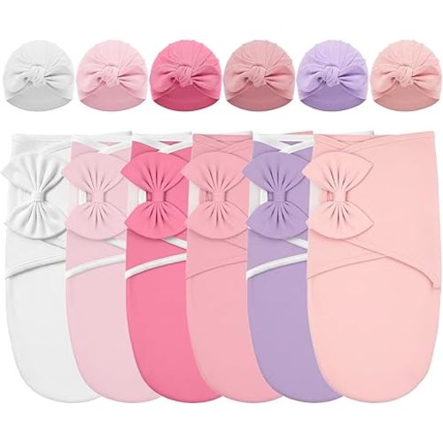Ramede 6 Pack Swaddle Blanket with Hats for Baby Girl Boy 100% Cotton Swaddles 0-3 Months, Adjustable Breathable Skin Friendly Receiving Blanket Wrap, Essential for Newborns