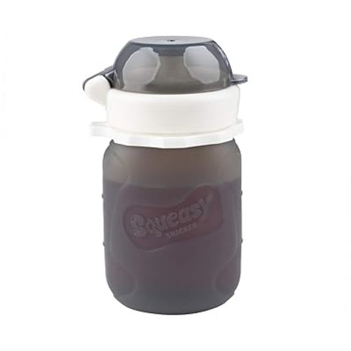 Grey 3.5 oz Squeasy Snacker Spill Proof Silicone Reusable Food Pouch - for Both Soft Foods and Liquids - Water, Apple Sauce, Yogurt, Smoothies, Baby Food - Dishwasher Safe