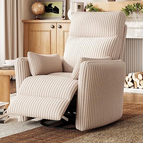 LINSY 360 Swivel Recliner Chair: Corduroy Rocking Chair Nursery Glider Chairs with 2 Pillows Comfy High Back Adult Recliner for Small Spaces, Living Room Bedroom Nursery Reclining Chairs (Beige)