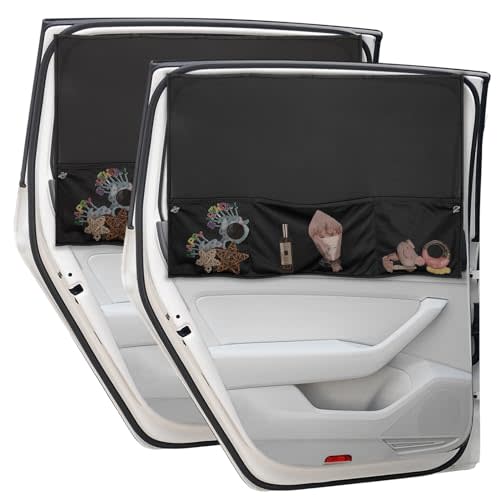 Car Window Shades 2 Packs Magnetic Side Window Car Sun Shade with Storage Pockets, Blackout Car Curtains for Windows for Baby Privacy, Rear Car Window Covers for Sun Block