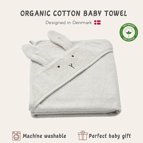 Huxie Hooded Baby Towel – 100% Organic Cotton Baby Bath Towels – Baby Boy and Girl Newborn Essentials - Super-Soft and Absorbent. (Rabbit - Pearl Grey)