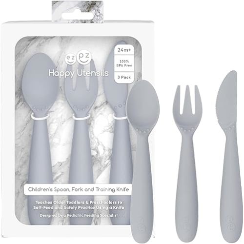ezpz Happy Utensils - 24 Months+ (Pewter) - BPA Free Toddler Utensils - Fork, Spoon and Knife for Toddlers and Preschoolers - Kids Utensils for Self-Feeding Development
