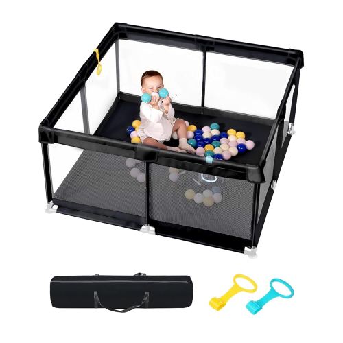 Upgraded Dearlomum Baby Playard, 50"x50" Baby Playpen with Gate, Anti-Slip Thick Base & Soft Mesh Sides, Indoor & Outdoor Activity Center for Toddlers (Black)