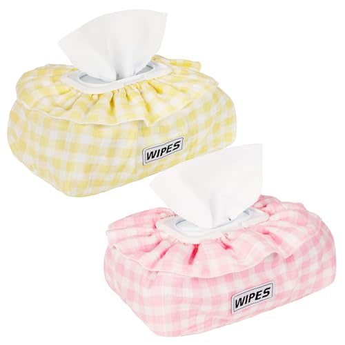 2 Pack Baby Wipes Cover – Muslin Cotton Wipes Dispenser, Universal Size Fits All Wipes & Tissues, Diaper Pouch for Nursery, Living Room & Diaper Station (Yellow+Pink)