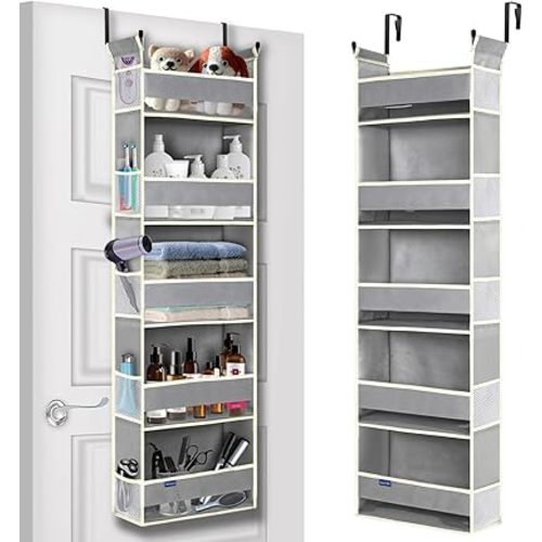 Over The Door Hanging Organizer 5-Shelves and 10 Side Pockets, Over The Door Storage for Bathroom and Bedroom, Back of Door Organizers for Baby Accessories and Toys (13"x5"x44", Grey)