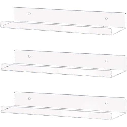 Weiai Clear Acrylic Shelf 15" Invisible Floating Wall Ledge Bookshelf, Kids Book Display Shelves Wall Mounted (15 Inch 3Pack)