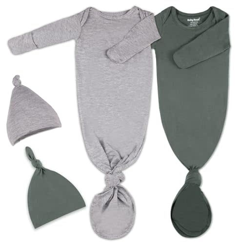 2Pack Knotted Gown Baby, Super Soft Long Sleeve Newborn Hospital Outfit Boy Girl Coming Home, Built-In Mittens Clothes