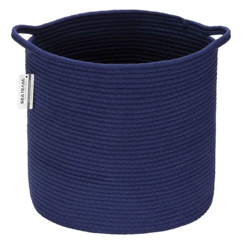 Sea Team Medium Size Cotton Rope Woven Storage Basket with Handles, Laundry Hamper, Trunk Organizer, Clothes Toys Bin for Kid's Room, 14 x 14 inches, Round Open Design, Dark Blue