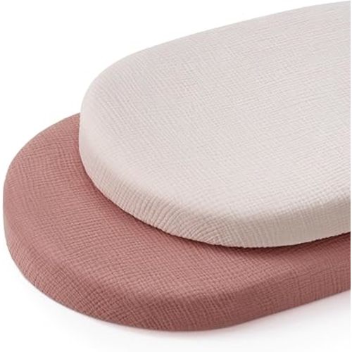 Blissful Diary Muslin Bassinet Sheets for Baby Girls Boys, Boho Soft Cotton Fitted for Oval Hourglass Rectangle Mattress, 2 Pack(Dusty Pink&Cream)